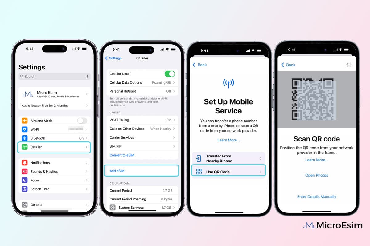 Four iPhone screens showing the eSIM setup flow: Settings → Cellular → Add eSIM → Scan QR code